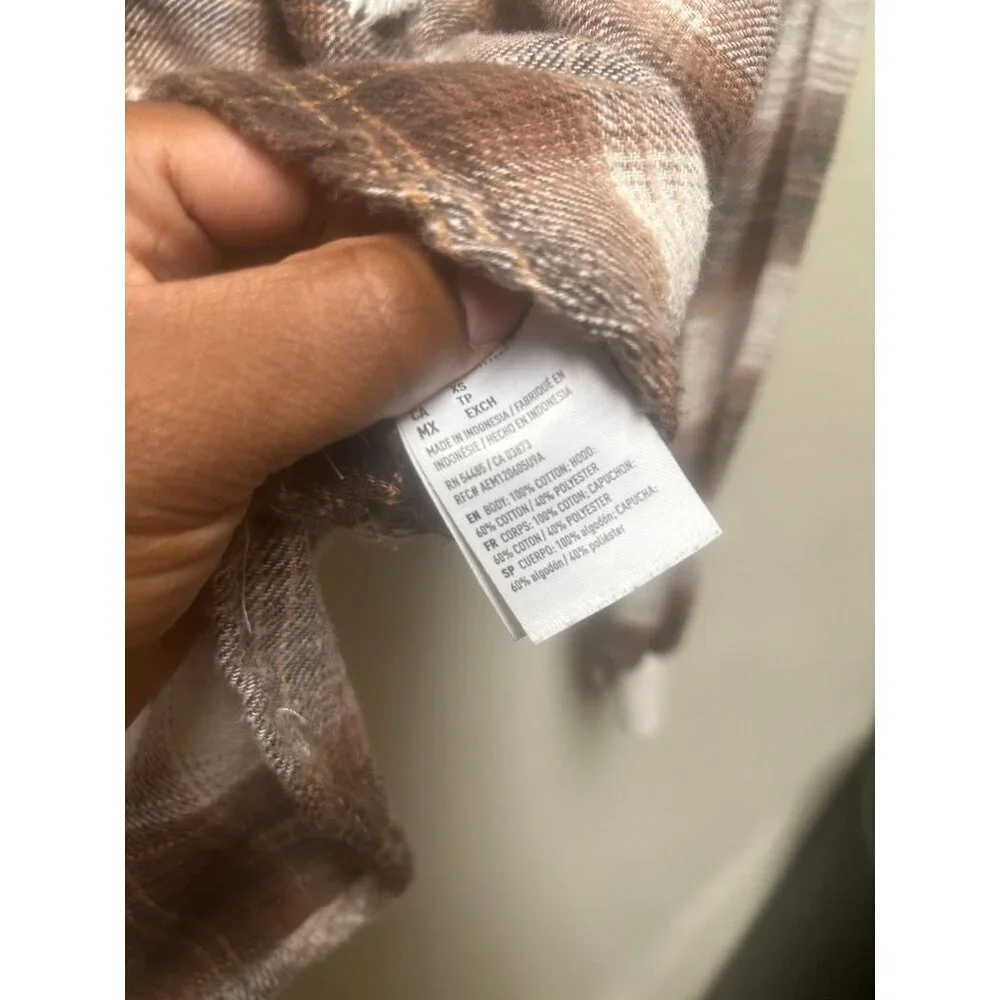 American Eagle Brown Plaid Hooded Flannel shacket Button Down oversize XS - Picture 4 of 7